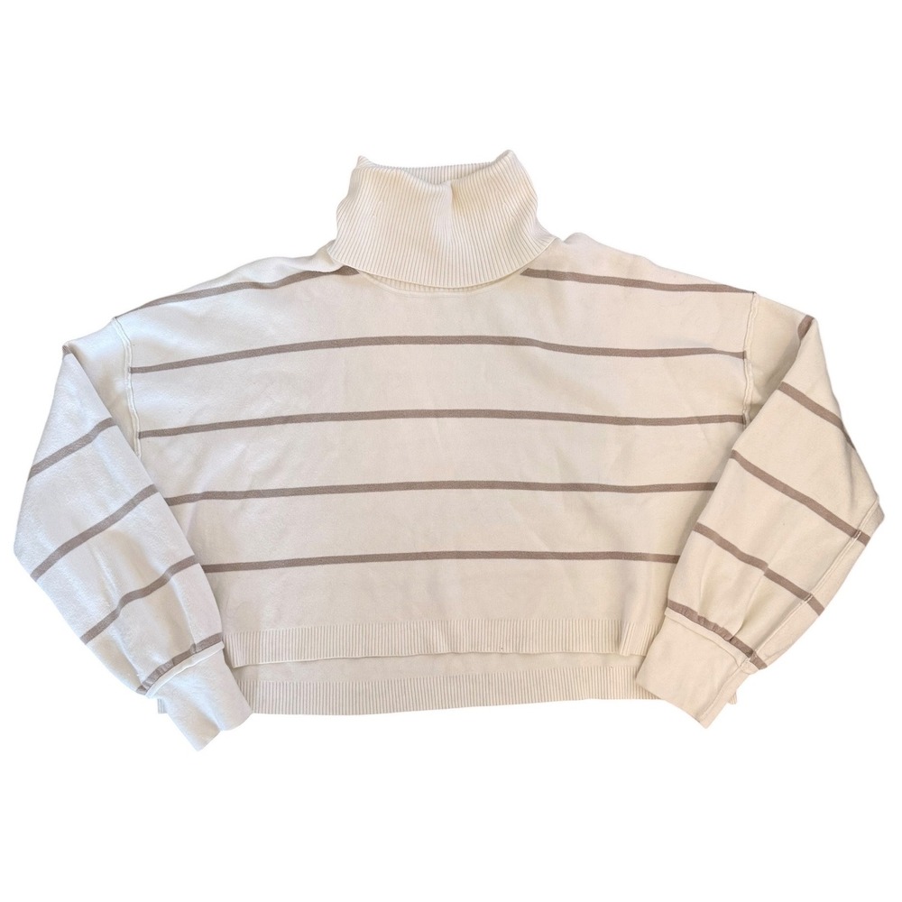 Free People Striped Turtleneck Sweater Cream Tan Mock Neck Size Large